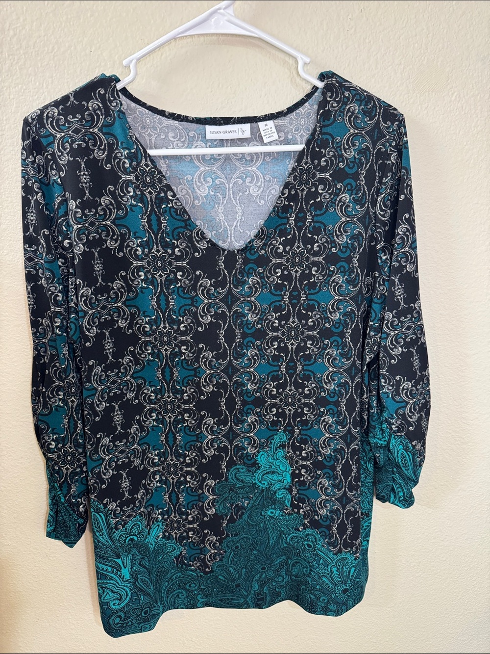 Susan Graver Teal and Black Paisley-Print V-Neck Tunic